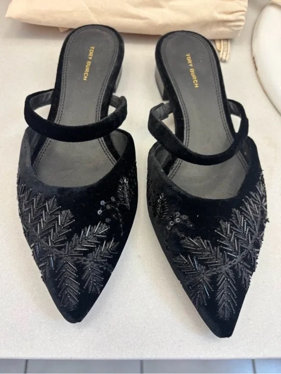 Tory Burch Black Velvet Pointed-Toe Beaded Mules - Picture 5 of 10